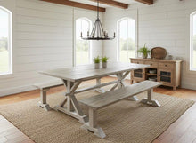 Load image into Gallery viewer, Farmhouse Trestle Table Set: Gray White Wash, Distressed White, Long Benches