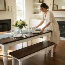 Load image into Gallery viewer, Handmade Chunky Leg Farmhouse Table with Benches: Dark Walnut & Antique White Dining Set