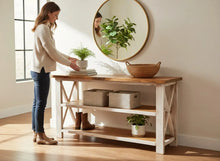 Load image into Gallery viewer, Rustic Farmhouse Buffet Table: Distressed White & Gunstock Shelving