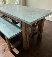 Load image into Gallery viewer, Narrow Farmhouse Dining Table - With Benches - Teal, Dark Walnut - Beach Décor Feel - Small Wooden Kitchen Table - X Design