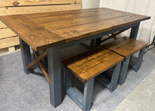Load image into Gallery viewer, Modern Farmhouse Dining Set - With Bench and Stool Seating - Charcoal Gray and Provincial Brown - X Accents and Breadboard Ends