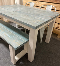 Load image into Gallery viewer, Vintage Aqua Farmhouse Table Set - Great for Small Dining Area 5ft - White with a White washed Aqua Top - Seating: Chairs and Bench