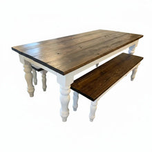 Load image into Gallery viewer, Handmade Chunky Leg Farmhouse Table with Benches: Dark Walnut & Antique White Dining Set