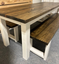 Load image into Gallery viewer, Narrow Farmhouse Table, Rustic Farmhouse Table with Benches, Espresso Dining Set with White Base