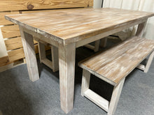 Load image into Gallery viewer, Farmhouse Table with Benches, Whitewash, Special Walnut, Distressed White, 6ft Dining Set, Wooden Kitchen Table