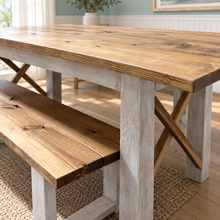 Load image into Gallery viewer, 6-Foot Classic X Style Farmhouse Table Set with Benches (Special Walnut, Distressed White)