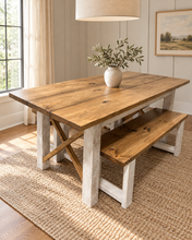 Load image into Gallery viewer, 6-Foot Classic X Style Farmhouse Table Set with Benches (Special Walnut, Distressed White)