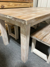 Load image into Gallery viewer, Farmhouse Table with Benches, Whitewash, Special Walnut, Distressed White, 6ft Dining Set, Wooden Kitchen Table