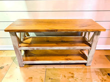 Load image into Gallery viewer, Rustic Farmhouse Buffet Table: Distressed White & Gunstock Shelving