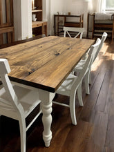 Load image into Gallery viewer, 6-Foot Table Set - Farmhouse Style with Turned Table Legs - Chairs and Bench Seating - White and Provincial Brown - Wooden Kitchen Table Set