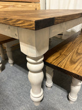 Load image into Gallery viewer, Turned Leg Farmhouse Dining Table - With Benches - Provincial Brown and Sun Bleached Base - Breadboard Ends - Kitchen Table Set