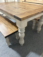 Load image into Gallery viewer, Turned Leg Farmhouse Dining Table - With Benches - Provincial Brown and Sun Bleached Base - Breadboard Ends - Kitchen Table Set