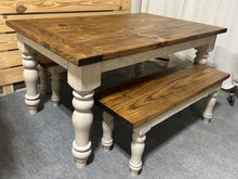 Load image into Gallery viewer, Turned Leg Farmhouse Dining Table - With Benches - Provincial Brown and Sun Bleached Base - Breadboard Ends - Kitchen Table Set