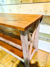 Load image into Gallery viewer, Rustic Farmhouse Buffet Table: Distressed White & Gunstock Shelving