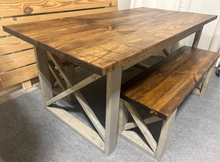Load image into Gallery viewer, 6-Foot Dining Table Set, with Benches - Provincial Brown and Classic Gray - Wooden Farmhouse Kitchen Table with X Design