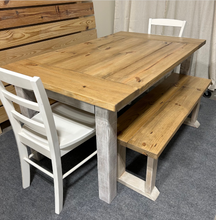 Load image into Gallery viewer, Farmhouse Dining Table with Benches and Chairs, Special Walnut, Dark Distressed Antique White, 5ft Kitchen Table Set