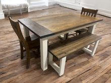 Load image into Gallery viewer, 5ft Farmhouse Table With Benches And Chairs - Dark Walnut, Antique White - Small Wooden Dining Table - Rustic Feel