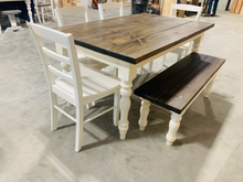 Load image into Gallery viewer, 5-Foot Rustic Farmhouse Table with Turned Legs, Bench and Chair Set Dark Walnut Top and Antique White Base, Wooden Dining Table