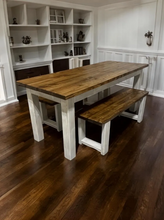 Load image into Gallery viewer, 6-Foot Dining Table Set - With Benches - Rustic Farmhouse Feel - Provincial Brown and Distressed White - Narrow Kitchen or Dining Room Table