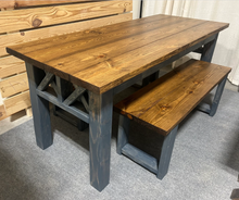 Load image into Gallery viewer, Wooden Farmhouse Style Table - With Benches - Gray and Provincial Brown - Wood Dining Set - X Accents - Narrow Kitchen Table