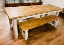Load image into Gallery viewer, Narrow Farmhouse Table Set with Benches, Distressed White, Early American Brown, Wooden Dining Set, Kitchen Set