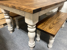 Load image into Gallery viewer, Turned Leg Farmhouse Dining Table - With Benches - Provincial Brown and Sun Bleached Base - Breadboard Ends - Kitchen Table Set