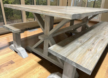 Load image into Gallery viewer, Farmhouse Trestle Table Set: Gray White Wash, Distressed White, Long Benches