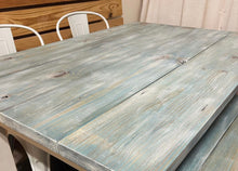 Load image into Gallery viewer, Vintage Aqua Farmhouse Table Set - Great for Small Dining Area 5ft - White with a White washed Aqua Top - Seating: Chairs and Bench