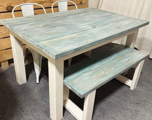 Load image into Gallery viewer, Vintage Aqua Farmhouse Table Set - Great for Small Dining Area 5ft - White with a White washed Aqua Top - Seating: Chairs and Bench