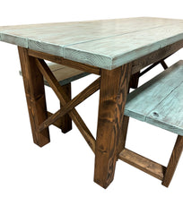 Load image into Gallery viewer, Narrow Farmhouse Dining Table - With Benches - Teal, Dark Walnut - Beach Décor Feel - Small Wooden Kitchen Table - X Design