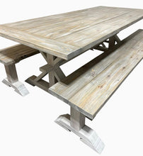 Load image into Gallery viewer, Farmhouse Trestle Table Set: Gray White Wash, Distressed White, Long Benches
