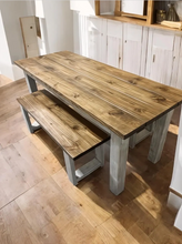 Load image into Gallery viewer, 6-Foot Dining Table Set - With Benches - Rustic Farmhouse Feel - Provincial Brown and Distressed White - Narrow Kitchen or Dining Room Table