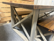 Load image into Gallery viewer, 6-Foot Dining Table Set, with Benches - Provincial Brown and Classic Gray - Wooden Farmhouse Kitchen Table with X Design