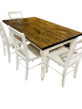 Load image into Gallery viewer, 5-Foot Rustic Farmhouse Table with Turned Legs, Bench and Chair Set Dark Walnut Top and Antique White Base, Wooden Dining Table