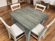 Load image into Gallery viewer, Square Farmhouse Table Set with Chairs - Gray White Wash, Distressed White Base - Breakfast Nook Table - Small Dining Table