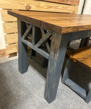 Load image into Gallery viewer, Wooden Farmhouse Style Table - With Benches - Gray and Provincial Brown - Wood Dining Set - X Accents - Narrow Kitchen Table