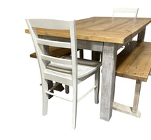 Load image into Gallery viewer, Farmhouse Dining Table with Benches and Chairs, Special Walnut, Dark Distressed Antique White, 5ft Kitchen Table Set