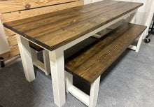 Load image into Gallery viewer, Narrow Farmhouse Table, Rustic Farmhouse Table with Benches, Espresso Dining Set with White Base