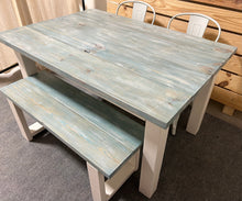 Load image into Gallery viewer, Vintage Aqua Farmhouse Table Set - Great for Small Dining Area 5ft - White with a White washed Aqua Top - Seating: Chairs and Bench