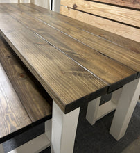 Load image into Gallery viewer, Narrow Farmhouse Table, Rustic Farmhouse Table with Benches, Espresso Dining Set with White Base