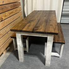 Load image into Gallery viewer, 6-Foot Dining Table Set - With Benches - Rustic Farmhouse Feel - Provincial Brown and Distressed White - Narrow Kitchen or Dining Room Table
