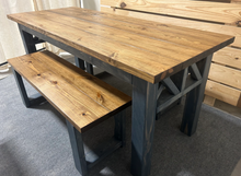 Load image into Gallery viewer, Wooden Farmhouse Style Table - With Benches - Gray and Provincial Brown - Wood Dining Set - X Accents - Narrow Kitchen Table