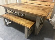 Load image into Gallery viewer, 6-Foot Dining Table Set, with Benches - Provincial Brown and Classic Gray - Wooden Farmhouse Kitchen Table with X Design