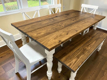 Load image into Gallery viewer, 6-Foot Table Set - Farmhouse Style with Turned Table Legs - Chairs and Bench Seating - White and Provincial Brown - Wooden Kitchen Table Set
