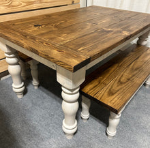 Load image into Gallery viewer, Turned Leg Farmhouse Dining Table - With Benches - Provincial Brown and Sun Bleached Base - Breadboard Ends - Kitchen Table Set