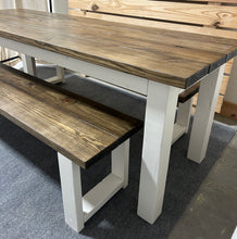 Load image into Gallery viewer, Narrow Farmhouse Table, Rustic Farmhouse Table with Benches, Espresso Dining Set with White Base
