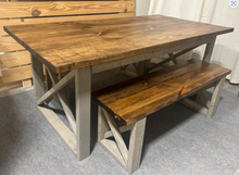 Load image into Gallery viewer, 6-Foot Dining Table Set, with Benches - Provincial Brown and Classic Gray - Wooden Farmhouse Kitchen Table with X Design