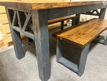 Load image into Gallery viewer, Wooden Farmhouse Style Table - With Benches - Gray and Provincial Brown - Wood Dining Set - X Accents - Narrow Kitchen Table