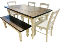 Load image into Gallery viewer, 5-Foot Rustic Farmhouse Table with Turned Legs, Bench and Chair Set Dark Walnut Top and Antique White Base, Wooden Dining Table