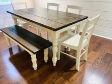 Load image into Gallery viewer, 5-Foot Rustic Farmhouse Table with Turned Legs, Bench and Chair Set Dark Walnut Top and Antique White Base, Wooden Dining Table